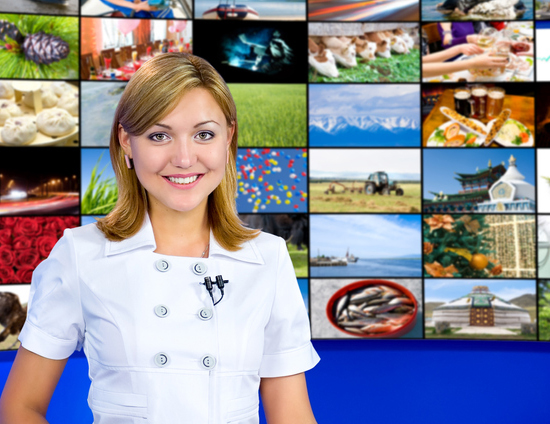 a television anchorwoman at studio, a multidisplay panel behind, collage of photos by the author